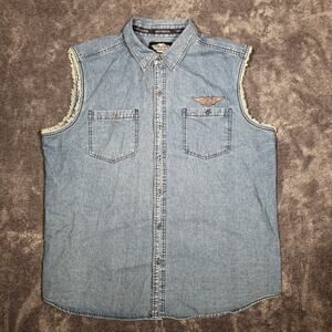 Harley Davidson Mens Blue Denim Sleeveless Biker Mechanic Shirt 2XL